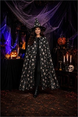 Halloween Cadılar Bayramı Gümüş Desenli Cadı Şapka ve Pelerin Set