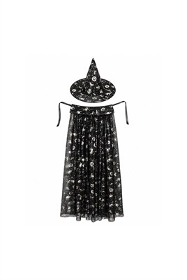Halloween Cadılar Bayramı Gümüş Desenli Cadı Şapka ve Pelerin Set