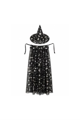 Halloween Cadılar Bayramı Gümüş Desenli Cadı Şapka ve Pelerin Set