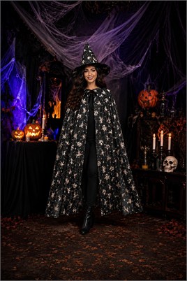 Halloween Cadılar Bayramı Gümüş Desenli Cadı Şapka ve Pelerin Set