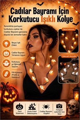 Halloween Cadılar Bayramı Hayalet Işıklı Kolye – Pilli Beyaz Işıklı Kostüm Aksesuarı