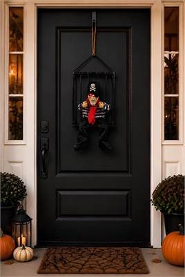 Halloween Cadılar Bayramı Işıklı Hareketli Kafesli Korsan İskelet Kapı Süsü