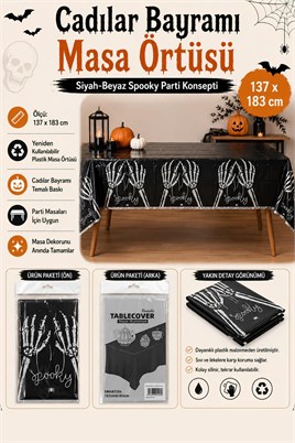 Halloween Cadılar Bayramı İskelet El Desenli Siyah Masa Örtüsü 137 x 183 cm