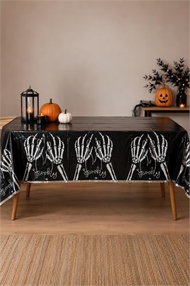 Halloween Cadılar Bayramı İskelet El Desenli Siyah Masa Örtüsü 137 x 183 cm