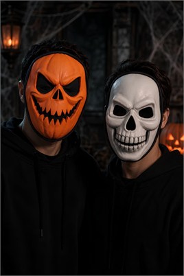 Halloween Cadılar Bayramı Kaliteli Baskılı Kağıt Maske Balkabağı-Kurukafa 2li Set