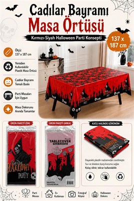 Halloween Cadılar Bayramı Kırmızı Siyah Masa Örtüsü 137 x 187 cm