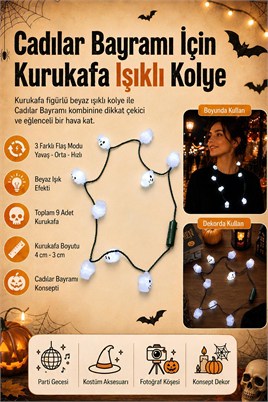 Halloween Cadılar Bayramı Kurukafa Işıklı Kolye – 9 Figürlü 3 Modlu Beyaz Işıklı Kostüm Aksesuarı