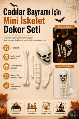 Halloween Cadılar Bayramı Mini İskelet Dekor Seti – 5 Parça Kuru Kafa ve Kemik Süs