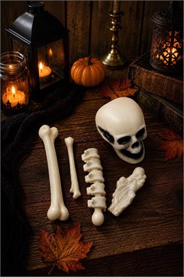Halloween Cadılar Bayramı Mini İskelet Dekor Seti – 5 Parça Kuru Kafa ve Kemik Süs