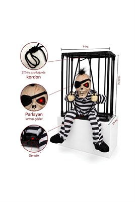 Halloween Cadılar Bayramı Sensörlü Işıklı Hareketli Kafesli İskelet Kapı Süsü