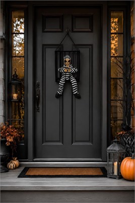 Halloween Cadılar Bayramı Sensörlü Işıklı Hareketli Kafesli İskelet Kapı Süsü