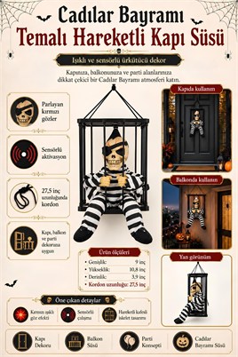 Halloween Cadılar Bayramı Sensörlü Işıklı Hareketli Kafesli İskelet Kapı Süsü