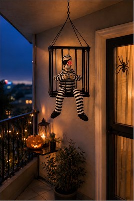 Halloween Cadılar Bayramı Sensörlü Işıklı Hareketli Kafesli İskelet Kapı Süsü