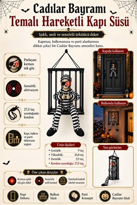 Halloween Cadılar Bayramı Sensörlü Işıklı Hareketli Kafesli İskelet Kapı Süsü
