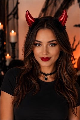 Halloween Kırmızı Şeytan Boynuzlu Taç – Siyah Tüylü Cadılar Bayramı Kostüm Aksesuarı