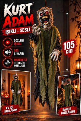 Halloween Kurt Adam Dekoru 105 cm Işıklı Sesli Hareketli Cadılar Bayramı Asma Süs