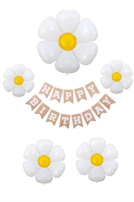 Happy Birthday Banner ve 5 Li Papatya Folyo Balon Seti Parti Kutlama Seti