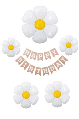 Happy Birthday Banner ve 5 Li Papatya Folyo Balon Seti Parti Kutlama Seti