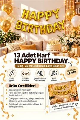Happy Birthday Harf 13 Parça Gold Altın Renk Folyo Balon Seti