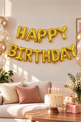 Happy Birthday Harf 13 Parça Gold Altın Renk Folyo Balon Seti