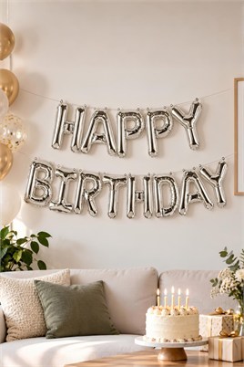 Happy Birthday Harf 13 Parça Gümüş Renk Folyo Balon Seti