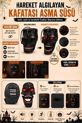 Hareket Sensörlü Işıklı Sesli Kafatası Asma Süsü – Hareketli Çeneli Halloween Cadılar Bayramı Dekoru