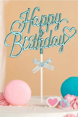 İnci Mavi Renk Happy Birthday Yazılı Pasta Süsü