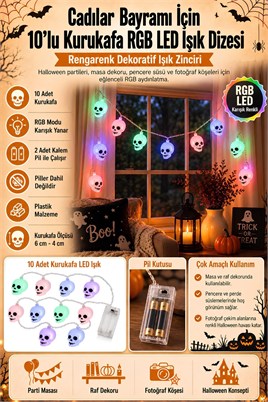 Işıklı Kurukafa 10lu Rgb Led Işık Dizesi Halloween Cadılar Bayramı Parti Malzemesi