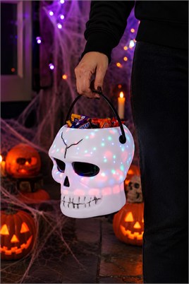 Işıklı Müzikli Kurukafa Şeker Kovası Halloween Cadılar Bayramı Parti Malzemesi