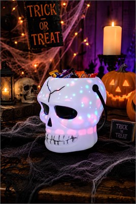 Işıklı Müzikli Kurukafa Şeker Kovası Halloween Cadılar Bayramı Parti Malzemesi