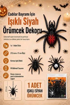 Işıklı Siyah Örümcek Dekoru Halloween Cadılar Bayramı Parti Malzemesi 27,5 x 17 cm