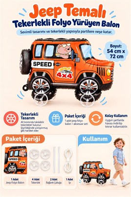 Jeep Temalı Tekerlekli Folyo Yürüyen Balon – Turuncu 4x4 Araba Balon 54x72 cm