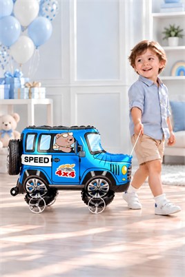 Jeep Temalı Tekerlekli Folyo Yürüyen Balon – Mavi 4x4 Araba Balon 54x72 cm