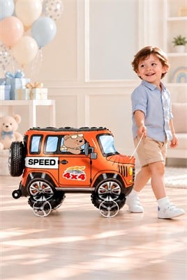 Jeep Temalı Tekerlekli Folyo Yürüyen Balon – Turuncu 4x4 Araba Balon 54x72 cm