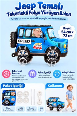 Jeep Temalı Tekerlekli Folyo Yürüyen Balon – Mavi 4x4 Araba Balon 54x72 cm