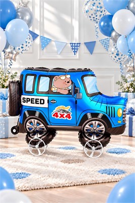 Jeep Temalı Tekerlekli Folyo Yürüyen Balon – Mavi 4x4 Araba Balon 54x72 cm