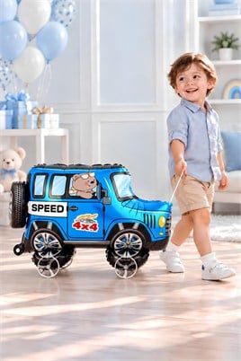 Jeep Temalı Tekerlekli Folyo Yürüyen Balon – Mavi 4x4 Araba Balon 54x72 cm
