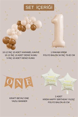 Kahve ONE 1 Yaş Doğum Günü Parti Seti –Karamel Kahve ve Deniz Kumu Balon Süsleme Seti