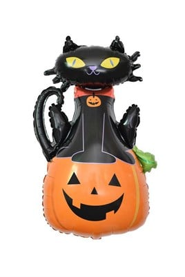Kedili Bal Kabağı Büyük Boy 70x100 Cm Folyo Balon Halloween Cadılar Bayramı Parti Malzemesi
