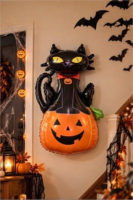 Kedili Bal Kabağı Büyük Boy 70x100 Cm Folyo Balon Halloween Cadılar Bayramı Parti Malzemesi