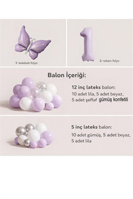 Kelebek Temalı 1 Yaş Doğum Günü Balon Seti – Lila Beyaz Gümüş