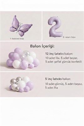 Kelebek Temalı 2 Yaş Doğum Günü Balon Seti – Lila Beyaz Gümüş