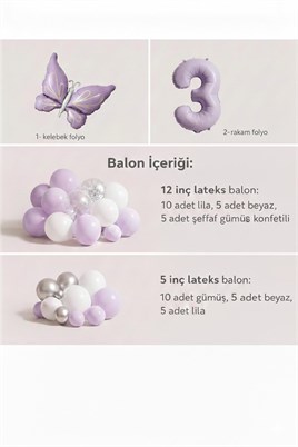 Kelebek Temalı 3 Yaş Doğum Günü Balon Seti – Lila Beyaz Gümüş
