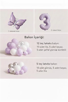Kelebek Temalı 3 Yaş Doğum Günü Balon Seti – Lila Beyaz Gümüş