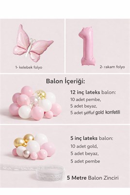 Kelebek Temalı Pembe 1 Yaş Doğum Günü Balon Seti – Pembe Gold Balon Zincirli