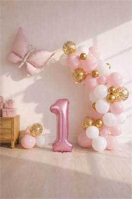 Kelebek Temalı Pembe 1 Yaş Doğum Günü Balon Seti – Pembe Gold Balon Zincirli