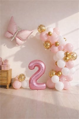 Kelebek Temalı Pembe 2 Yaş Doğum Günü Balon Seti – Pembe Gold Balon Zincirli