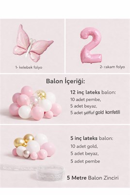 Kelebek Temalı Pembe 2 Yaş Doğum Günü Balon Seti – Pembe Gold Balon Zincirli