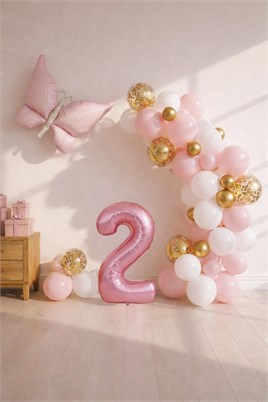 Kelebek Temalı Pembe 2 Yaş Doğum Günü Balon Seti – Pembe Gold Balon Zincirli