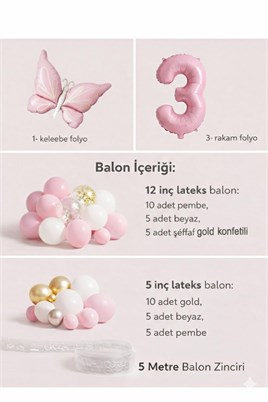 Kelebek Temalı Pembe 3 Yaş Doğum Günü Balon Seti – Pembe Gold Balon Zincirli